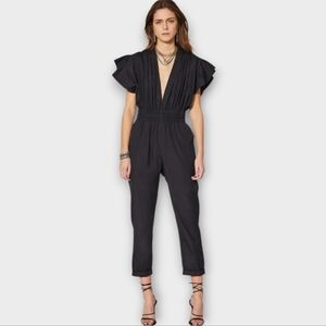 IRO Paris France PLEONA Black Cotton Plunge Neck Jumpsuit Size 12 / 14 EUC